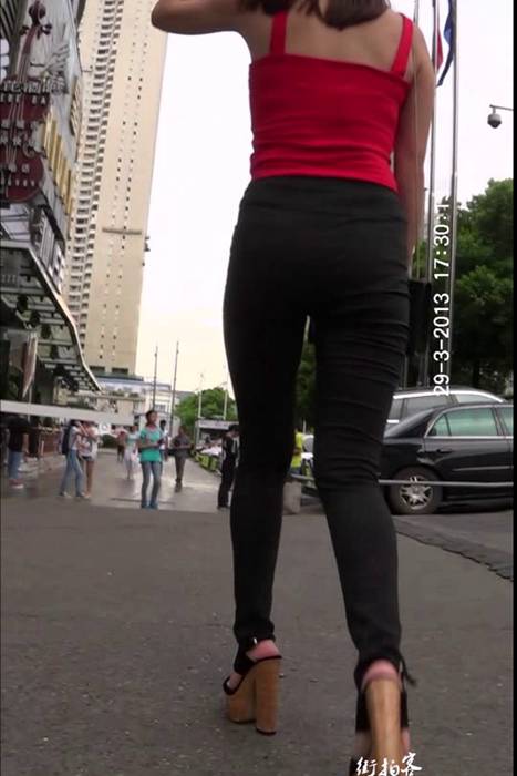 [街拍客视频]jx0092 性感高挑黑色紧身长裤时尚美女